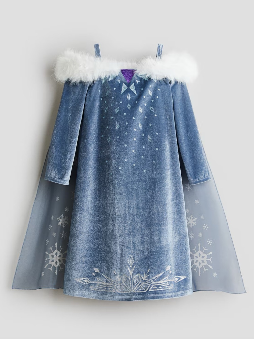 EUC H&M Disney Elsa Blue Velvet Winter Dress with Cape and faux white fur Size 4